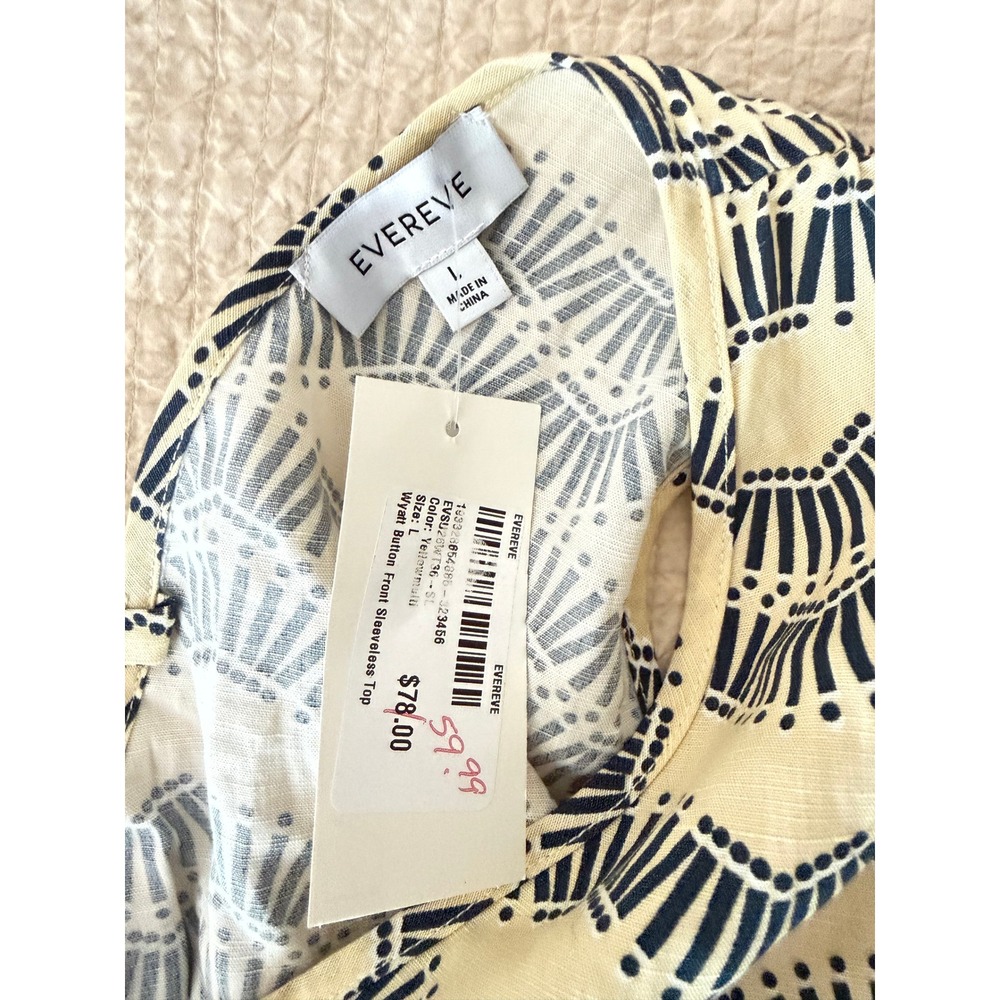 EVEREVE Wyatt Art Deco Fan Print Peplum Top Navy Yellow Size L NWT - Picture 4 of 7